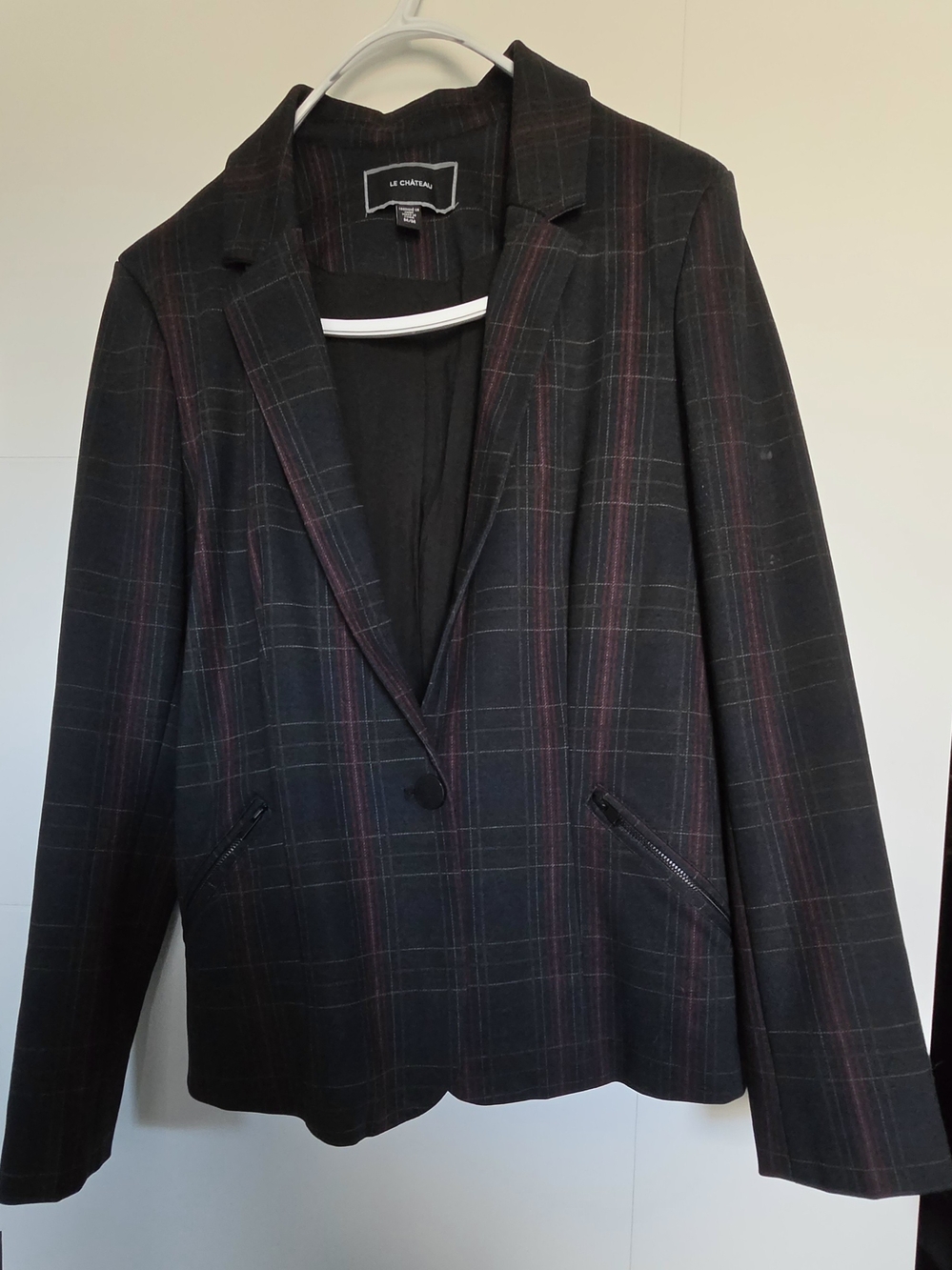 le chateau Black Plaid Blazer with Subtle Red Stripes